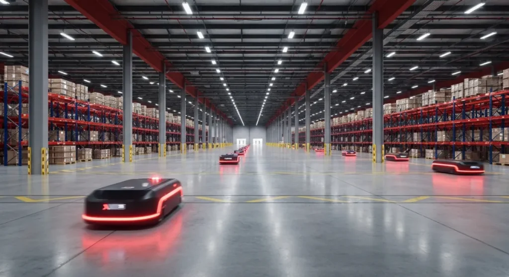 倉庫内を走行するAGVとAMR