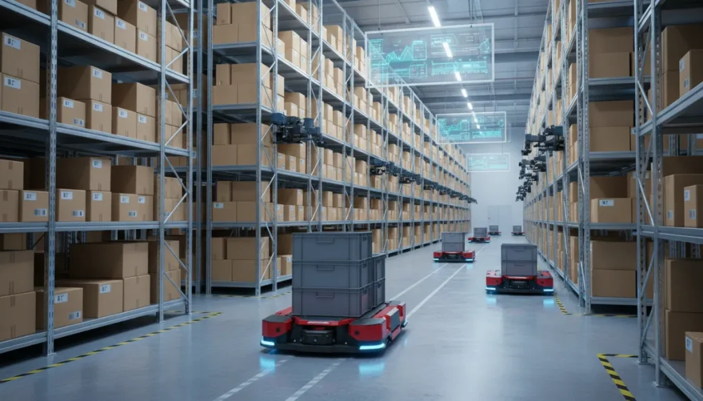 デジタル色が強い倉庫内を走行するAGVとAMR