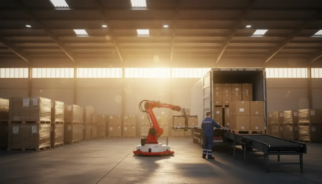 夕暮れ時に倉庫で稼働するデバンニングロボット