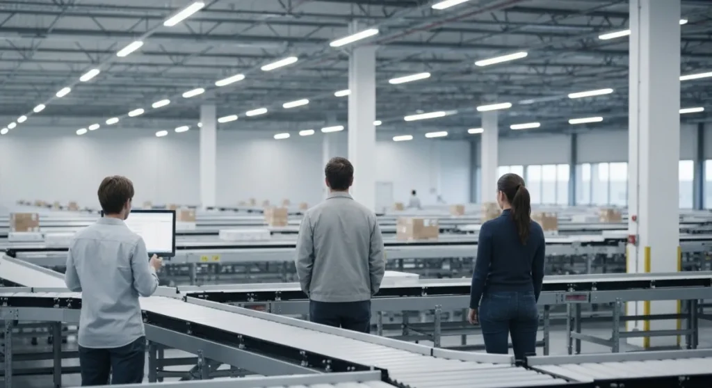 マテハン機器で自動化された倉庫を見つめる従業員