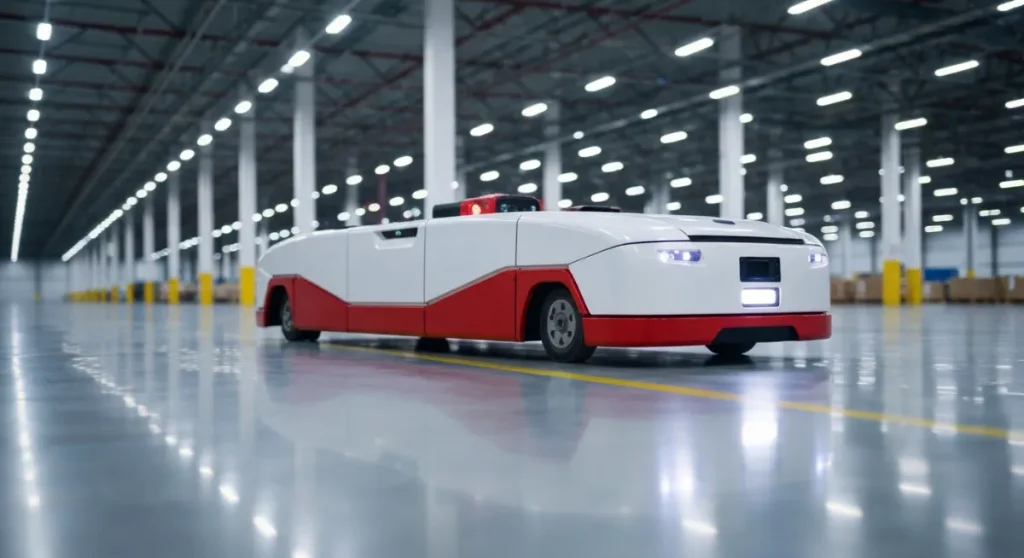 倉庫内を走行するマテハン機器のアップ