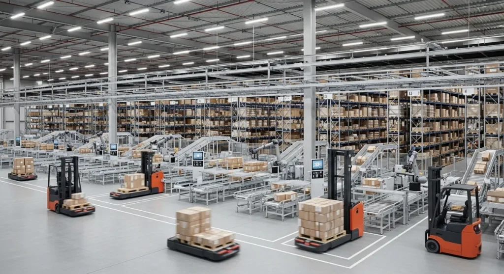 かなり自動化が進んでいる現代的な倉庫とマテハン機器