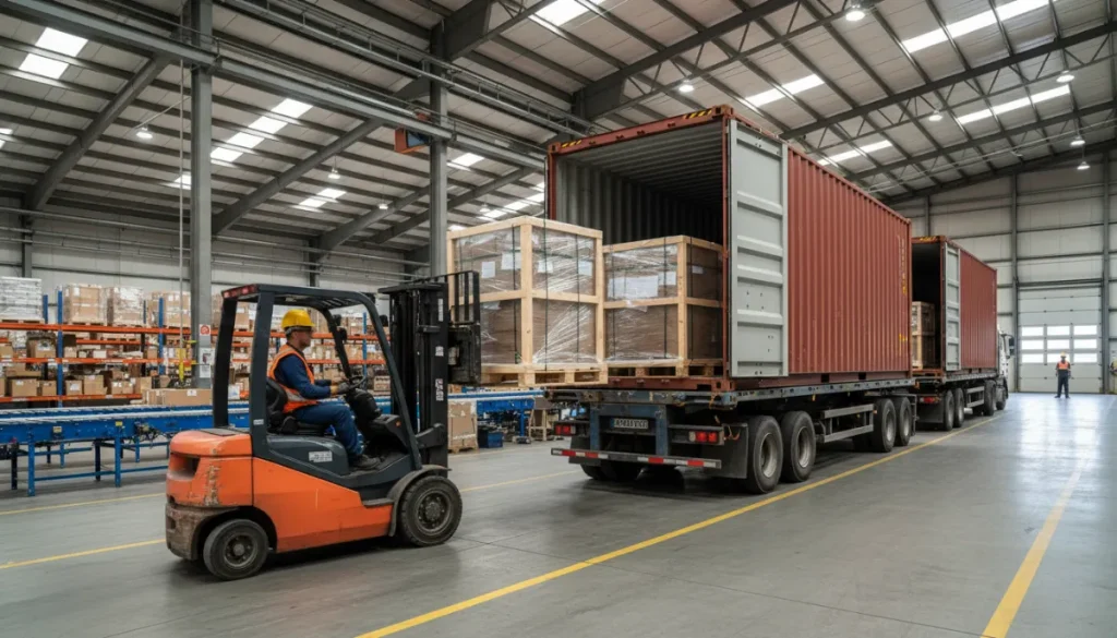 大きなトラックに荷物を積み込むデバンニングロボット