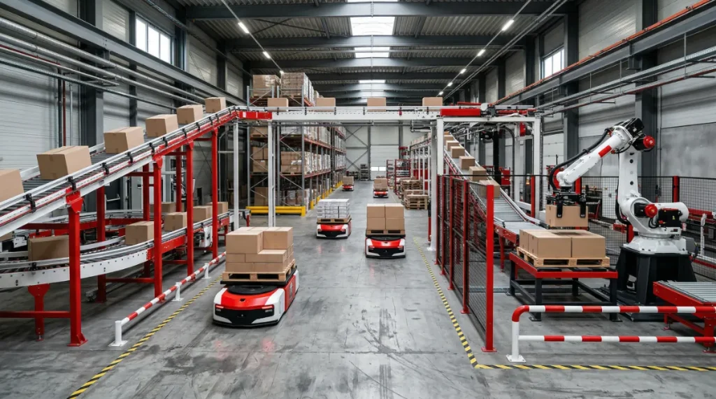 さまざまなロボットが動く工場の自動化画像