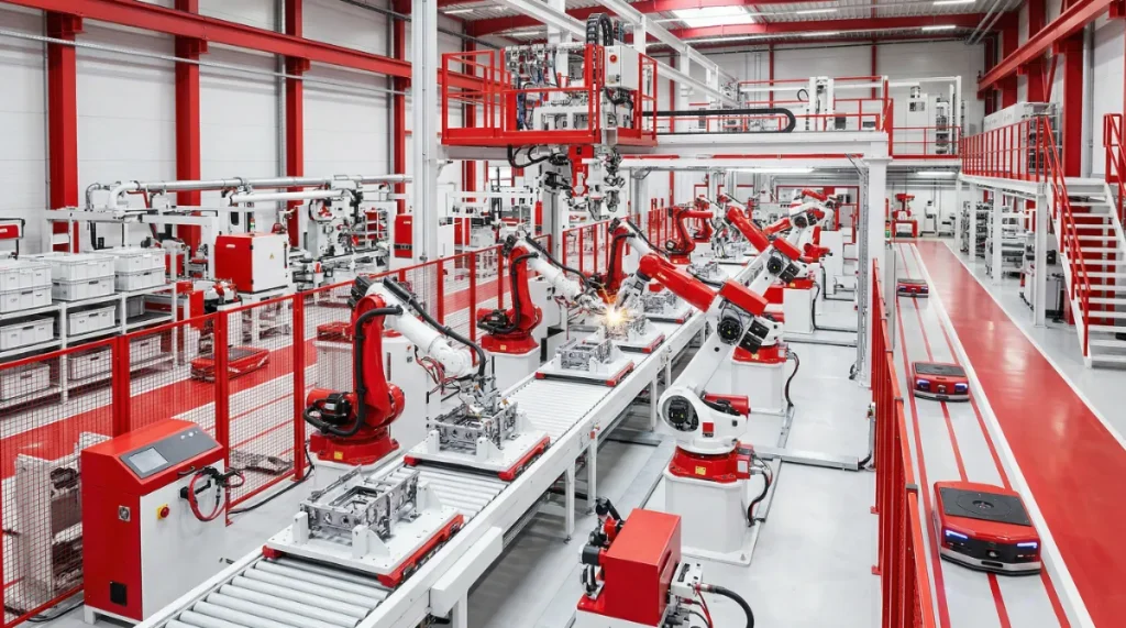 赤と白を基調とした工場の自動化の光景