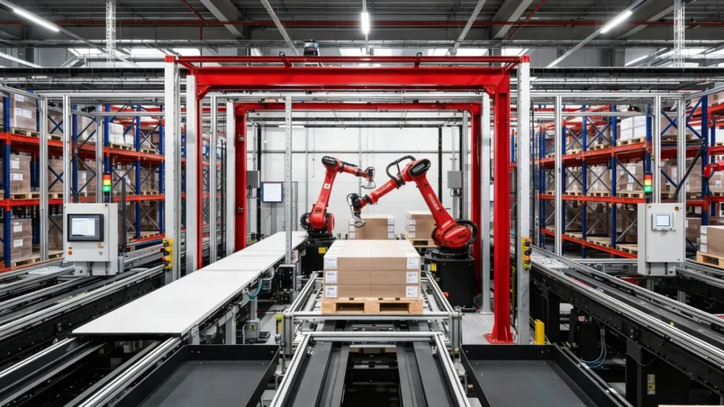 コンベアと連携し、荷物の自動パレタイズを行う複数の産業用ロボットアーム