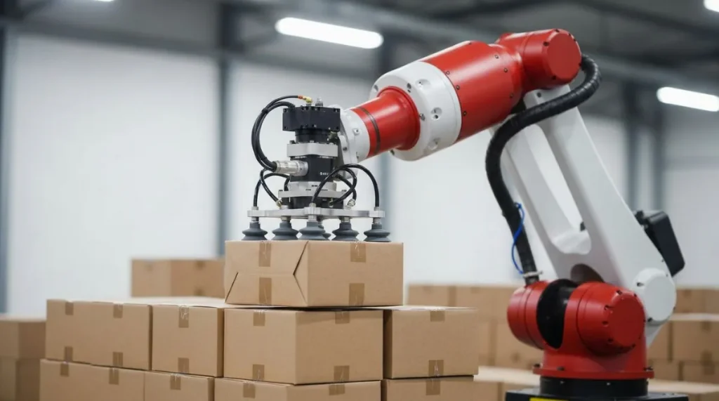 段ボール箱の自動パレタイズ作業を行う、吸着式ハンドを備えた産業用ロボット