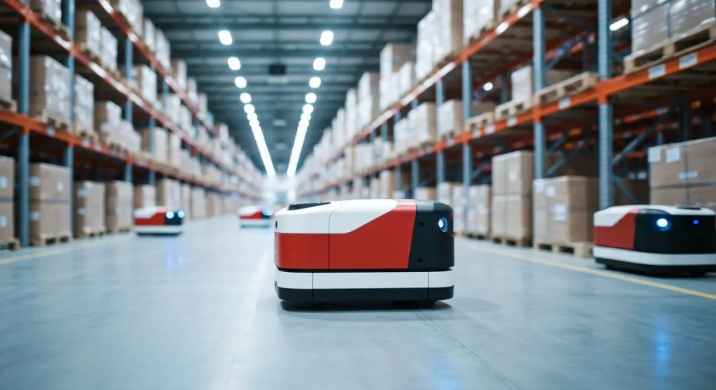 物流倉庫で稼働する赤と白の物流ロボットのクローズアップ