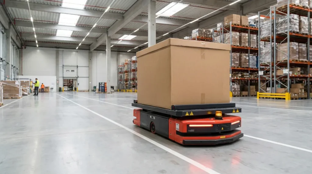 自律走行で大型の荷物を運ぶ無人搬送車（AGV）
